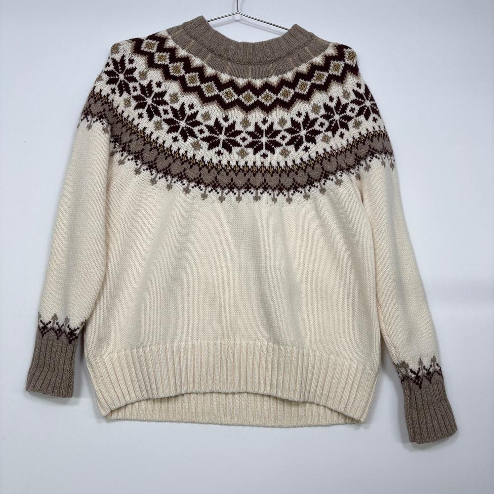 Boden Women Sweater US 10 Ivory Fair Isle Wool Blend Metallic Knit K0690 Nordic